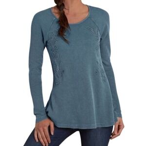 Soft Surroundings PL Teal Waffle Knit Embroidered Top Petite Large Boho Thermal